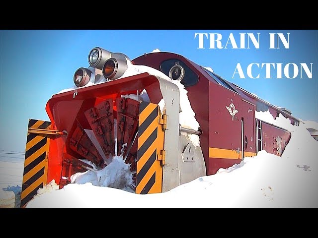 Train Hits Snow Pile in Action - Train Snow Plower / Blower in Action -  Rotary Train Snow Plow