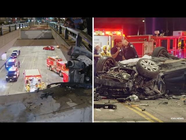 Car flies off overpass, lands upside down in deadly DTLA crash