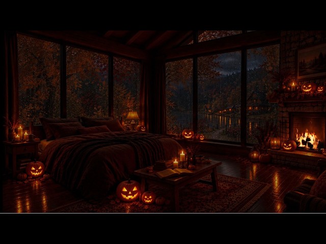 [NO ADS] Rainy Autumn Night in Cozy Cabin Bedroom🍂🌧️Fireplace Crackle & Gentle Rain Sounds for Sleep