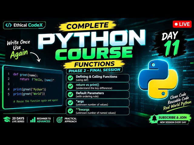 🔴 LIVE — Python Course Day 11: Functions Explained (Hindi) | return, Parameters, *args & kwargs