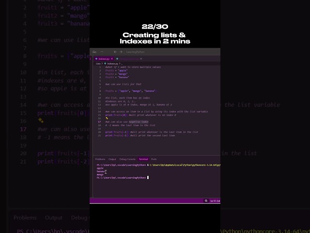 Creating List & Indexes in 2 mins on day 22.  #coding #programming #python  #shorts