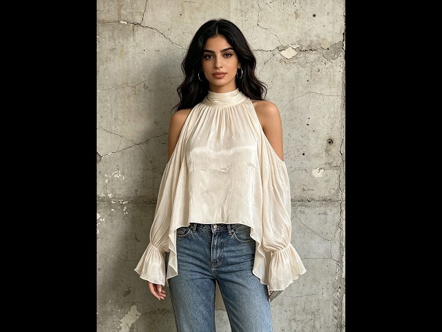 Apricot Cream Satin Cold-Shoulder High-Halter Billowy Sleeve Ruffled-Cuff Asymmetric Blouse