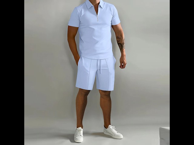 Men's Zip Neck Polo and Drawstring Shorts Set
