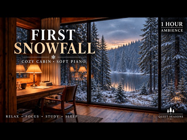 First Snowfall ❄️ Cozy Lakeside Cabin Ambience | Relaxing Piano for Study, Focus & Sleep
