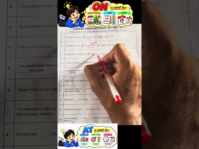 ON, AT & IN Preposition Test & Usage