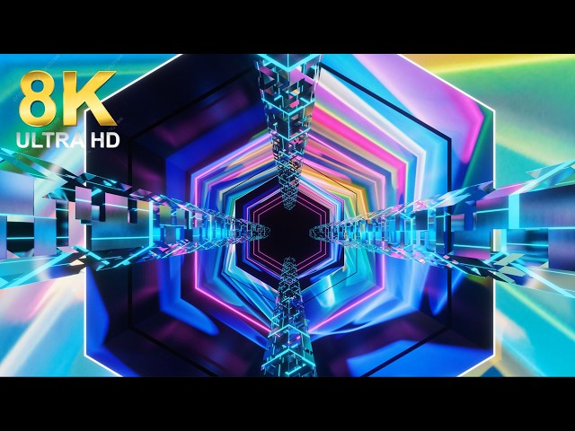 8K Futuristic Neon Hexagon Cyberpunk Tunnel Digital Background with Glowing Light Structures VJ Loop
