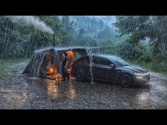 Camping in Heavy Rain with My Dog . Tesla Connected to Inflatable Hot Tent . Wood Stove ASMR