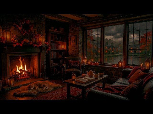 Cozy Cotswold Cottage 🔴 Live | Crackling Fire & Rain on a Dark Fall Evening