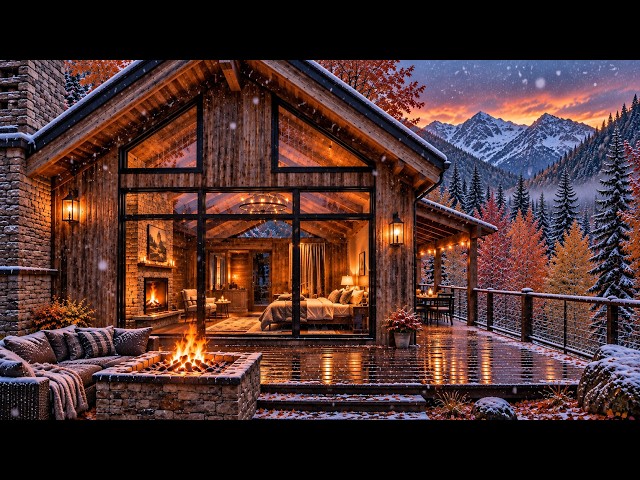 ❄️ First Snowfall at a Cozy Mountain Cabin 🔥 | Peaceful Music & Fireplace Ambience