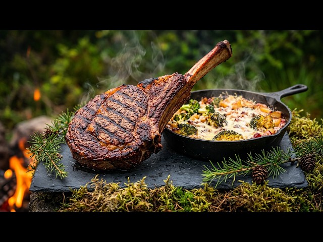 Caveman TOMAHAWK Steak on HOT Coals & Creamy Potatoes | Deep Forest Feast