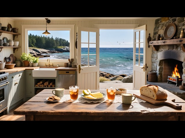 Sunny Oceanfront Kitchen ☀️ Ocean Waves & Fireplace Ambience | Summer Study, Focus, Relaxation