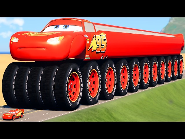 GIANT Long McQueen with HUGE WIDE Wheels vs Big & Small Lightning McQueen | BeamNG.Drive