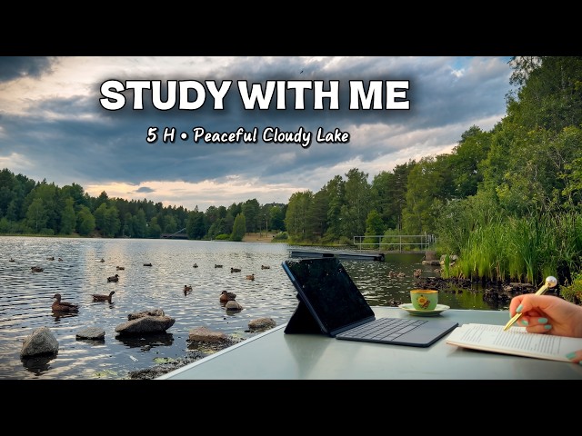 5 HOUR STUDY WITH ME 🦆 | Cloudy Lake Ambience | Gentle Rain | No Music | Pomodoro 50/10