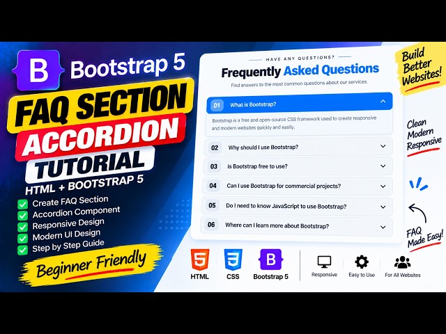 Bootstrap Accordion FAQ Tutorial 🔥 | Create FAQ Section using HTML + Bootstrap 5