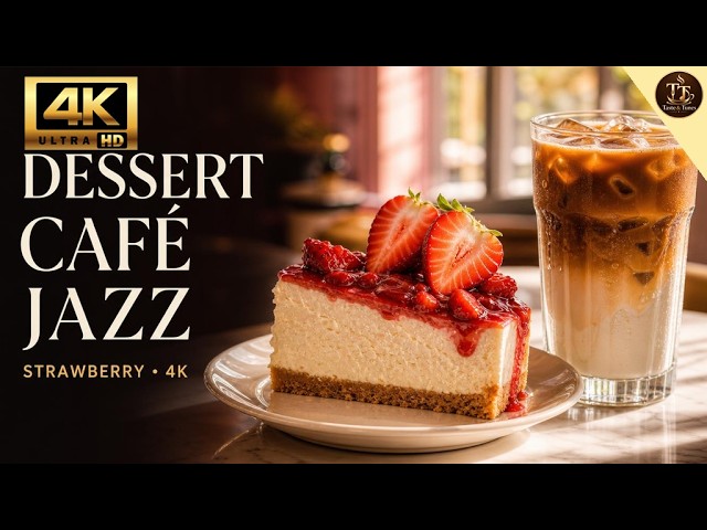 Dessert Café Jazz 🍓 Strawberry Cheesecake & Iced Latte in 4K | 1 Hour