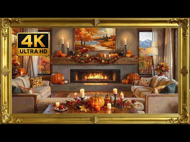 Fall Frame TV Art | Cozy Fireside Living Room & Mountain View | 4K Oil Painting | Silent