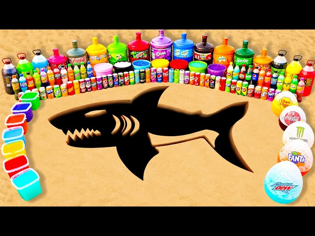 EXPERIMENT: Giant Rainbow Shark hole with Giant Coca Cola, Balloons of Fanta, Big Pepsi vs Mentos