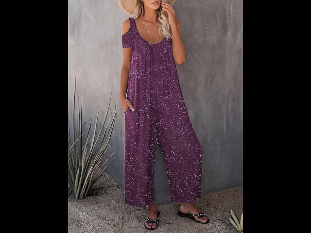 Glitter-Speckle Cold-Shoulder Cap-Sleeve Scoop-Neck Relaxed Wide-Leg Jumpsuit with Pockets
