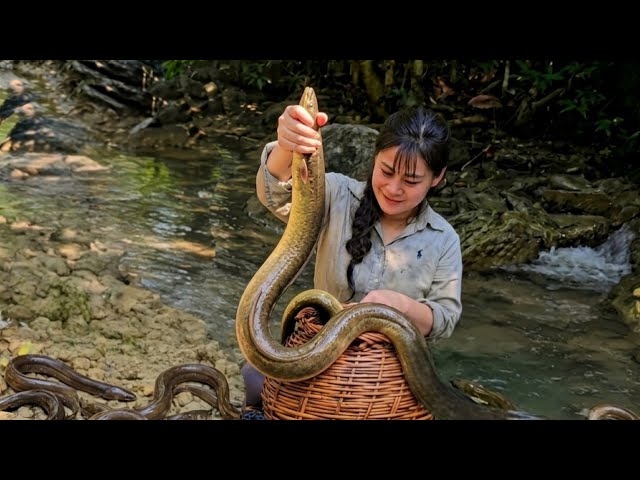 Catching a giant, scaleless fish in the primeval forest—selling the fish to pay for a son's tuition