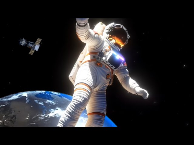 [4K] Astronaut in Space Floating Above Earth with Satellite [NO COPYRIGHT]