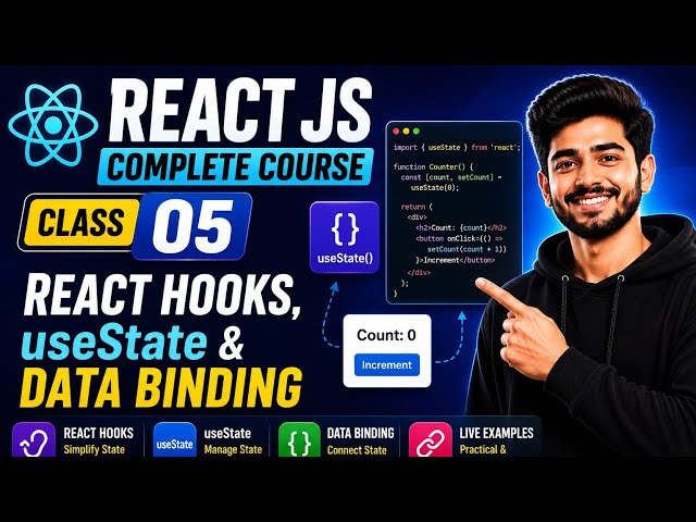React JS Complete Course | Class 05 | React Hooks, useState & Data Binding