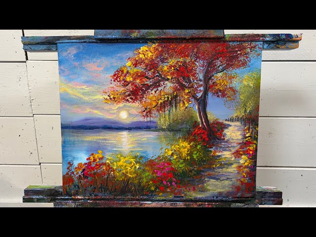 Lakeside In Autumn 🍂 Acrylic Painting Tutorial 