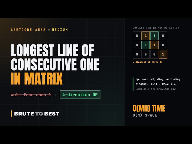 LeetCode #562: Longest Line of Consecutive One in Matrix, 4-Direction DP