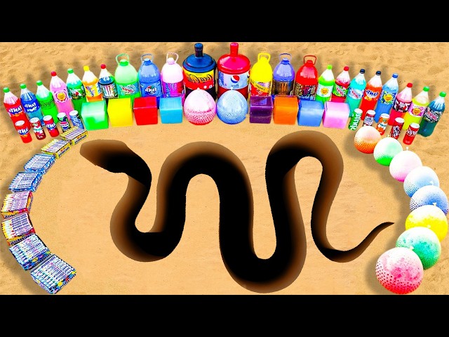 Giant Rainbow Snake Eruption Hole from Big Orbeez & Balloons of Fanta, Big Pepsi, Coca Cola & Mentos