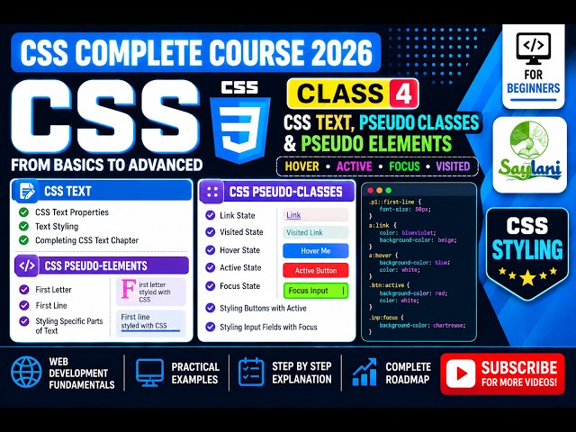 CSS Complete Course 2026 | Class 4 | CSS Text, Pseudo Classes & Pseudo Elements | Urdu/Hindi
