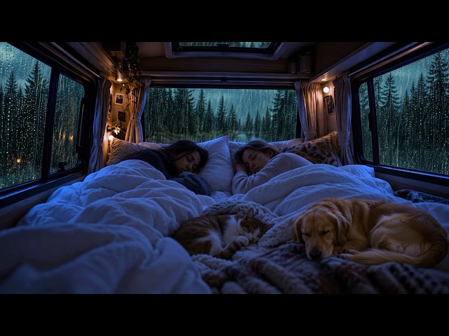 Heavy Rain Around the Van 🌧️ Quiet Sleep with a Cat & Golden Retriever