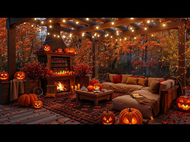 Magical Cozy Autumn Porch 🍂🌧️ Soft Jazz, Gentle Rain & Warm Fire Ambience for Relaxation & Focus
