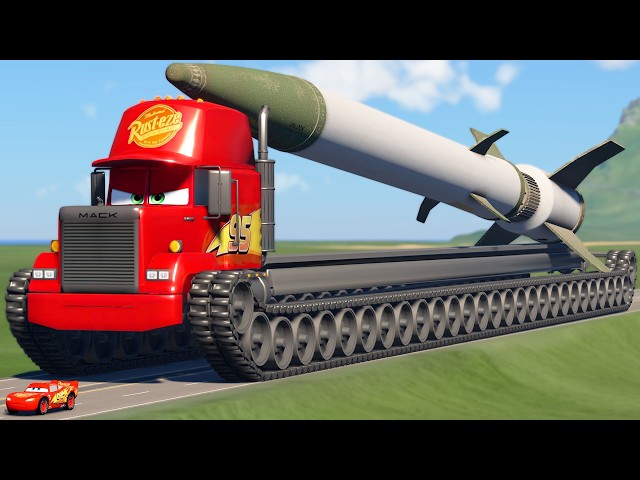 GIANT Long Mack Truck TANK with ROCKET vs Big & Small Lightning McQueen | BeamNG.drive