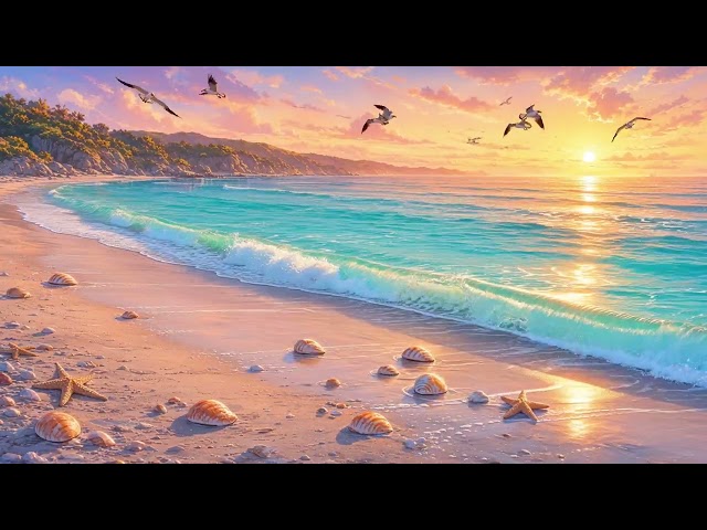 Sunset Beach Waves Seashells Seamless Loop 4K No Copyright