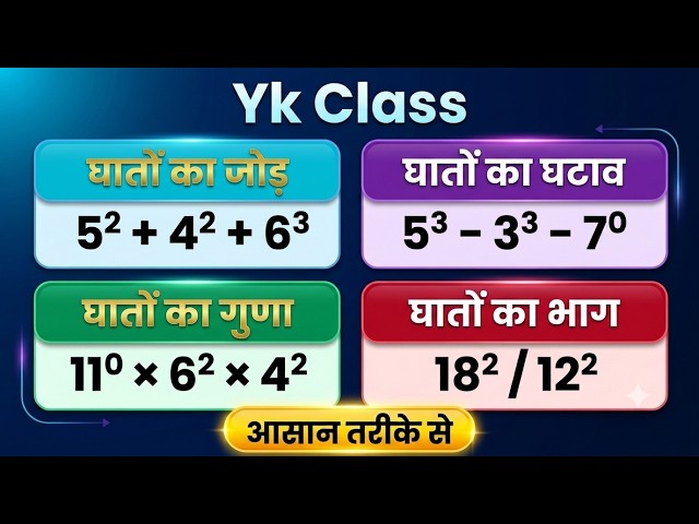 घातांक के नियम | घातों का जोड़, घटाव, गुणा और भाग सीखें सबसे आसान तरीके से | Yk Class