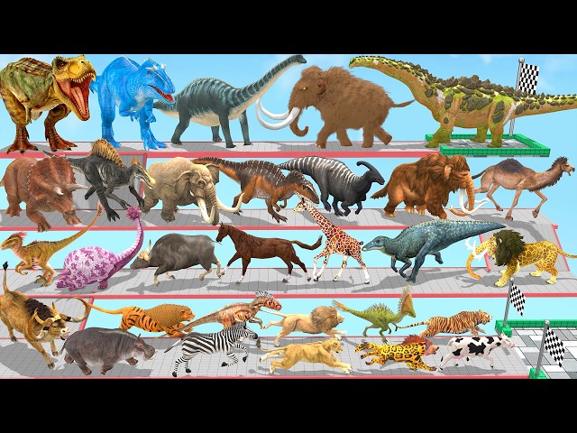 Animals vs Dinosaurs Speed Race Run Zigzag Down Course! from Outside: Which is the Fastest? ARBS