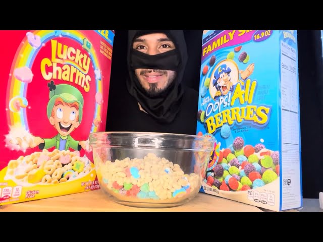 #ASMR EATING OOPS ALL BERRIES CEREAL & LUCKY CHARMS NO MILK #ASMREATING