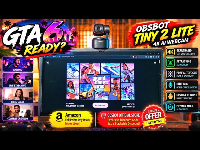 OBSBOT Tiny 2 Lite: AI Auto-Tracking Best 4K Webcam for GTA 6, Gamer, Creator, Streamer @OBSBOT