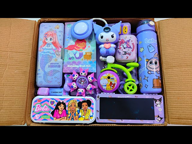 Unboxing Luxury Purple Stationery 📚, Pencil box, Sharpener, Labubu Water bottle, Pouch, Erasner, Pen