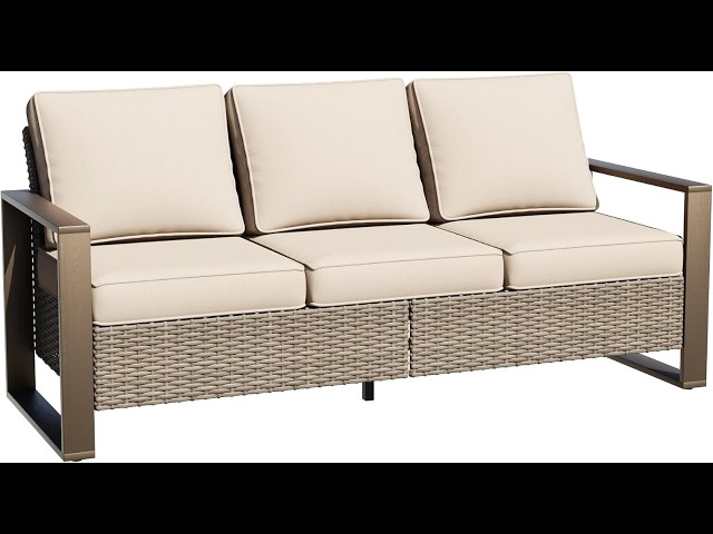 MeetLeisure  75" Patio Metal Wicker Sofa, All Weather Outdoor Rattan 3 Seat Sofa Couch with Premium