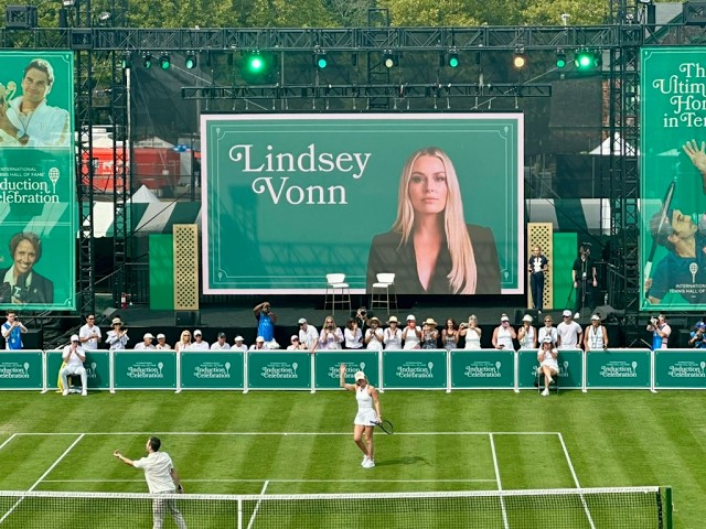Lindsey Vonn playing tennis in Roger Federer's Celebrity Pro Classic at ITHF