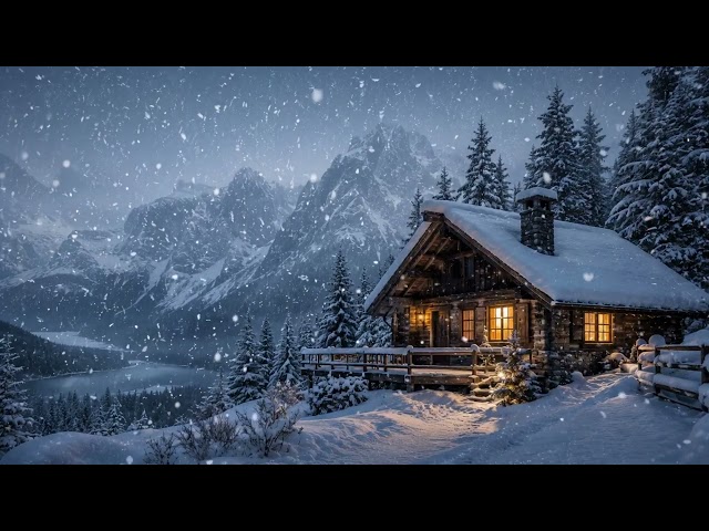 Cozy Mountain Cabin in Falling Snow ❄️🏔️ | Winter Snowfall Ambience (15 Min)