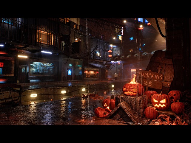 Rainy Halloween Alley | Glowing Pumpkins & Soothing Rain, fireplace Sounds
