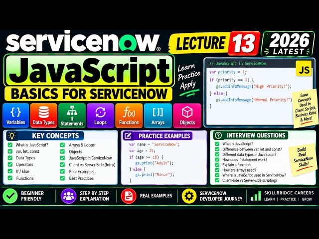 ServiceNow JavaScript for Beginners + Hands-On | Basics, Variables & Functions | Lecture 13 | 2026