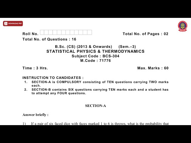BSC 3RD SEM CS STATISTICAL PHYSICS AND THERMODYNAMICS JAN 2021 | PTU