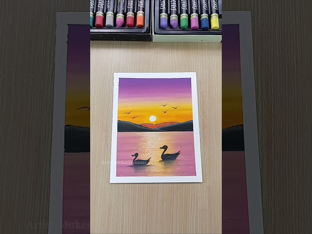 ✨ Easy Sunset Swimming Duck Scenery Drawing with Oil Pastels | Step by Step Tutorial #drawing #art