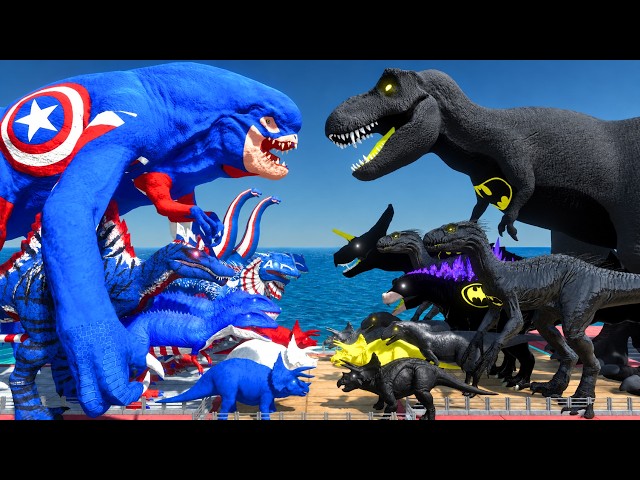 Captain America D-Rex vs Batman T-Rex | Dinosaurs Bridge Challenge | Animal Revolt Battle Simulator