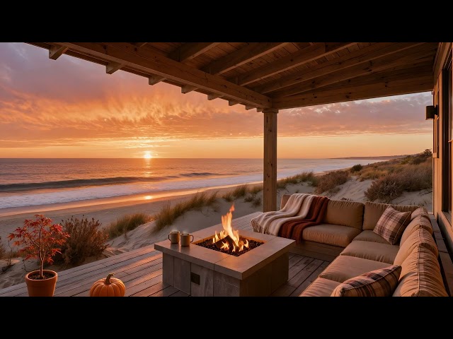 Oceanfront Patio Fireplace 🌅🔥 | Cozy Seaside Autumn Patio & Crackling Fire at Golden Sunset
