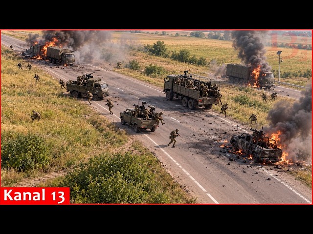 Russian troops and vehicles obliterated - Hornet drones unleash strikes on road