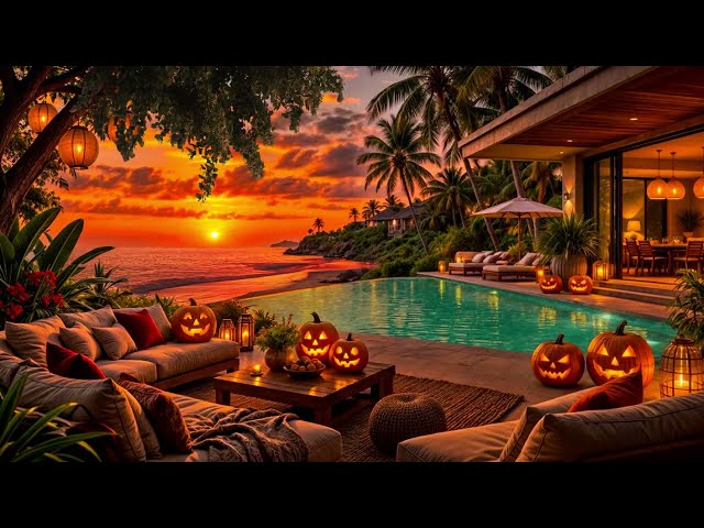🎃🌅 Cozy Halloween Afternoon at an Oceanfront Resort | Gentle Waves & Crackling Campfire Ambience