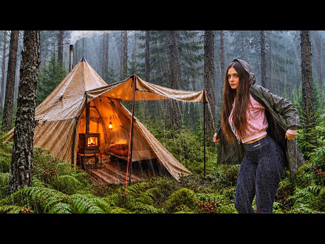 🌧️⚡ SOLO CAMPING in Heavy Rain & Thunderstorm in the Wild Forest | Hot Tent, Wood Stove & My Cat